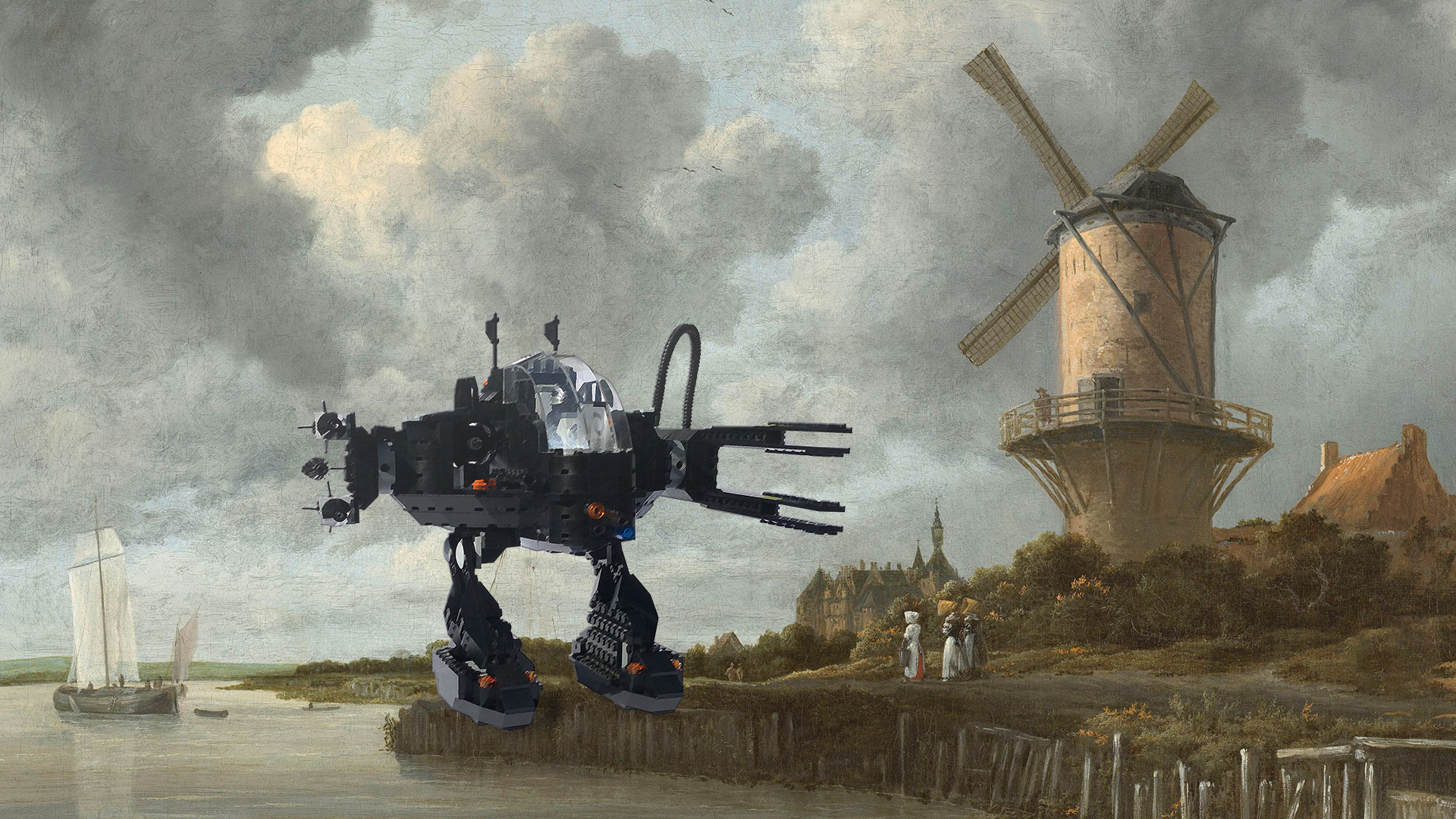 Aangepast schilderij met daarin een LEGO mech - De molen bij Wijk bij Duurstede, Jacob Isaacksz van Ruisdael